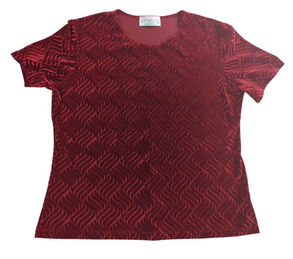 Vintage Gemilli Top L Red Burnout Velvet Textured Shirt Made USA Stretch 90s